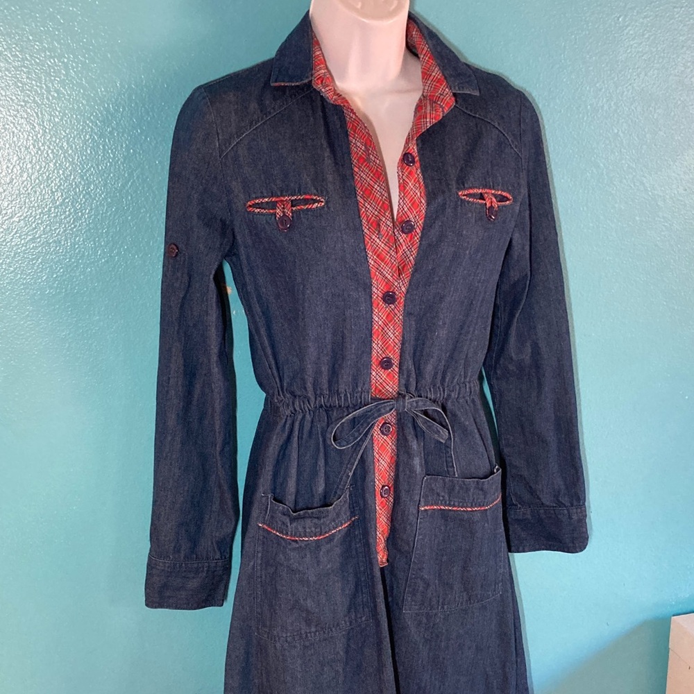 Casual Corner VINTAGE Womens Size S Cotton Denim Midi Dress Tie Waist & Pockets